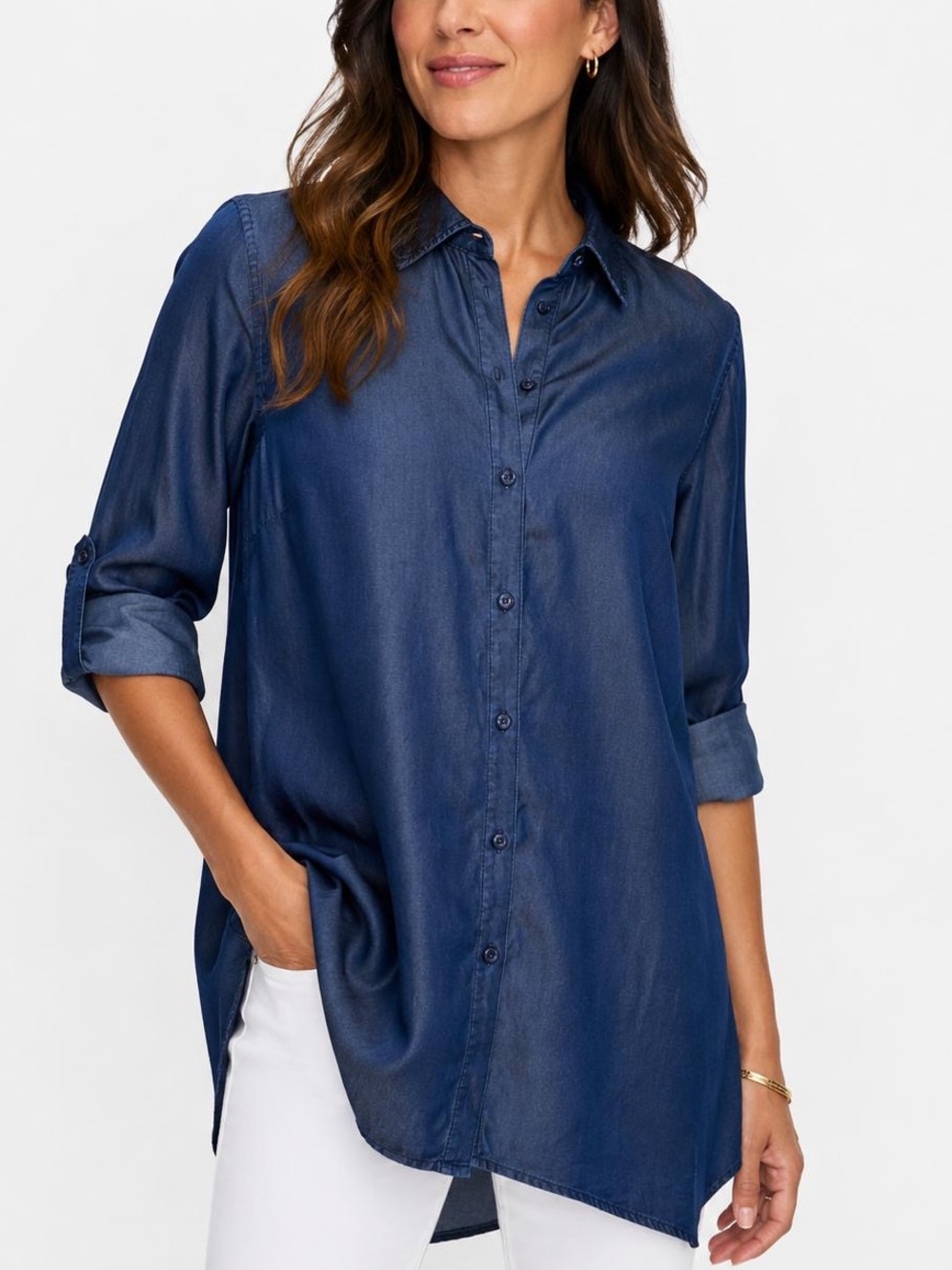 Zac & Rachel Blue Chambray Tunic blouse w/sharkbite hem roll up sleeve LG 393